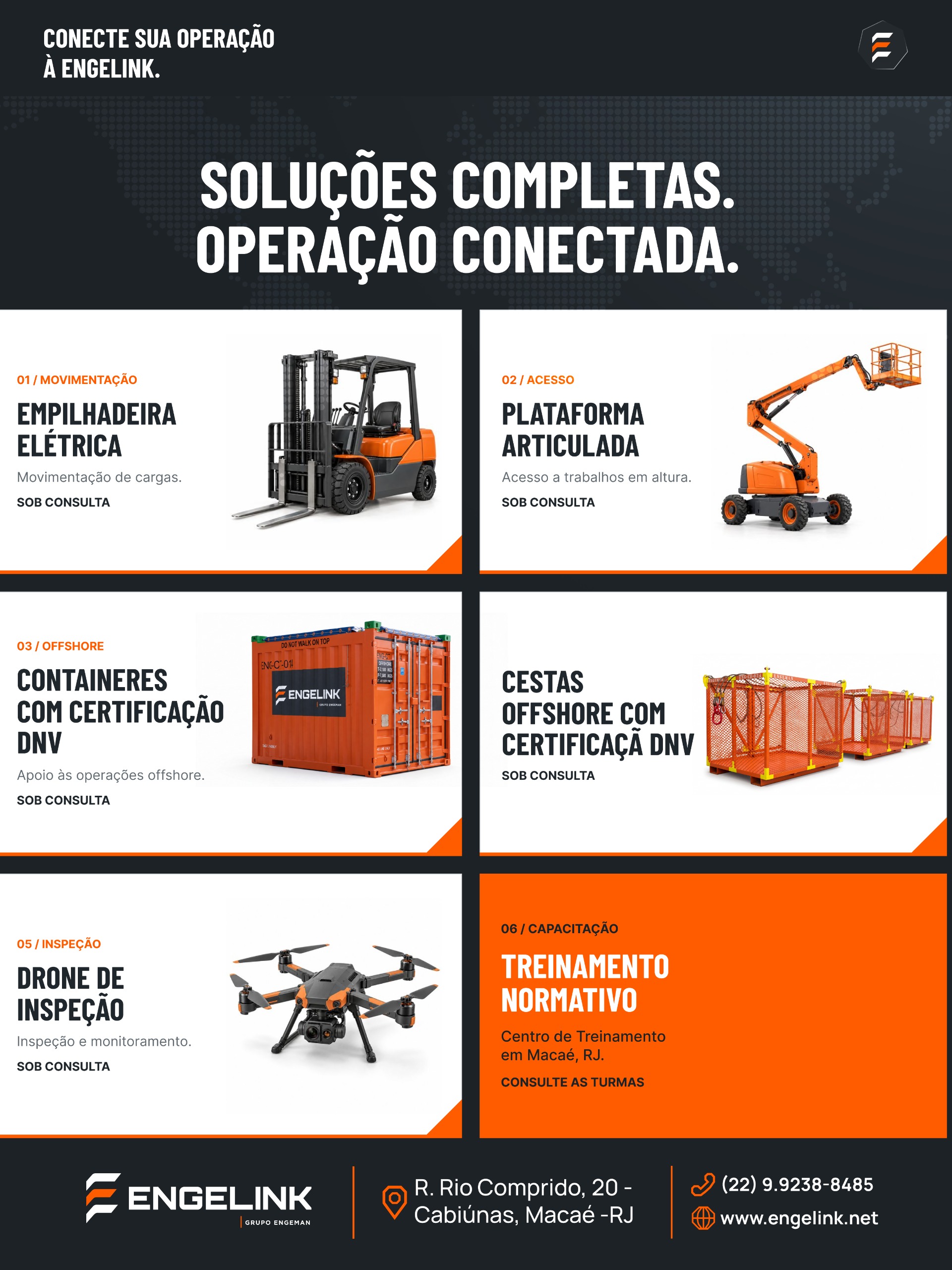 Portfólio ENGELINK com equipamentos móveis, offshore, inspeção e capacitação